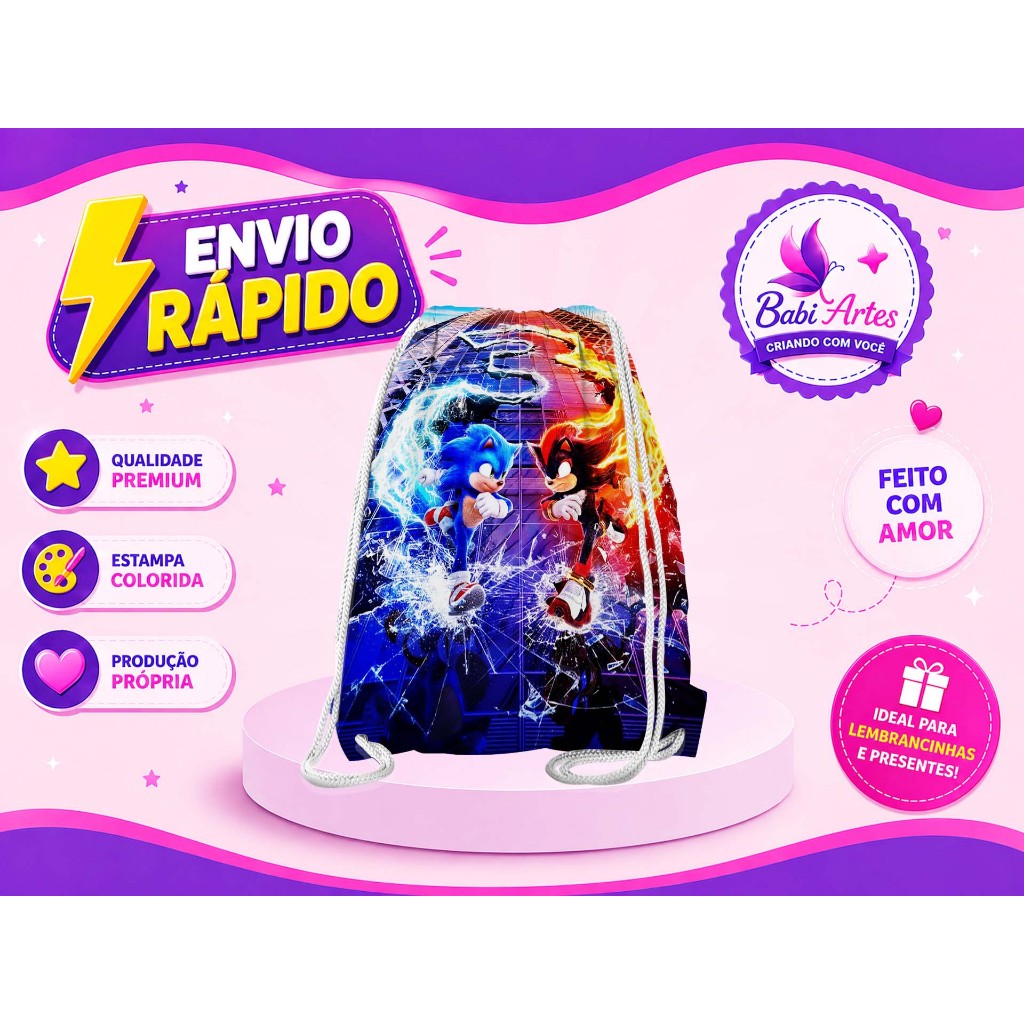 Mochilinha Saco Sonic Festa Aniversário Lembrancinha Saquinho Infantil Envio Rápido