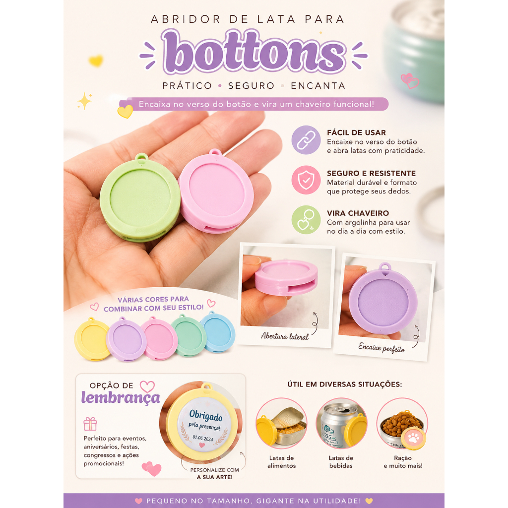 Abridor de latinhas com Espaço para Botton 35 a 45 mm |  Logo, Adesivo e Bóton