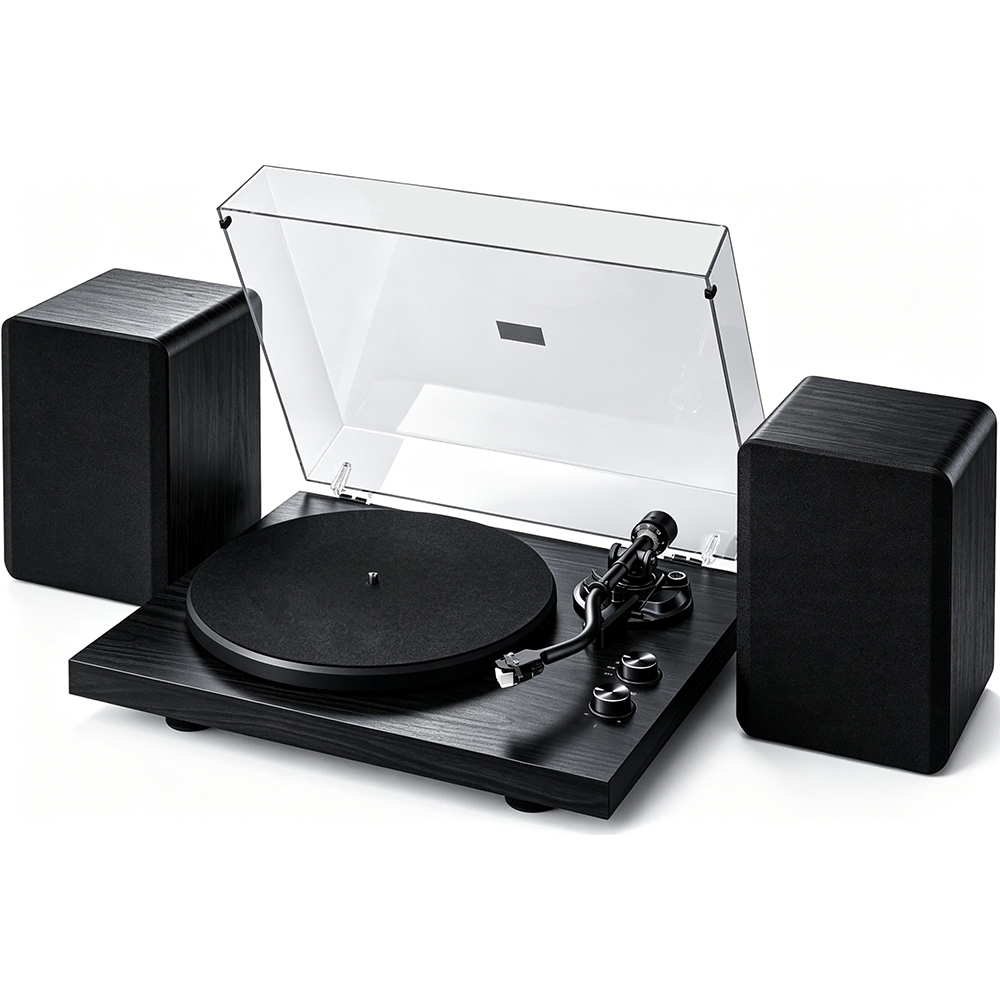 Toca-discos de vinil com alto-falantes estéreo, toca-discos com pré-amplificador embutido 33/45 RPM, braço em forma de S