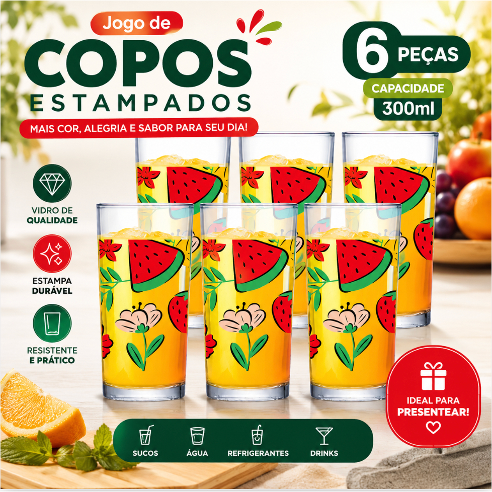 Jogo De Copos De Vidro Copo De Vidro Decorado Copo De Vidro Multiuso Red Fruits 255ml 6pcs Suco