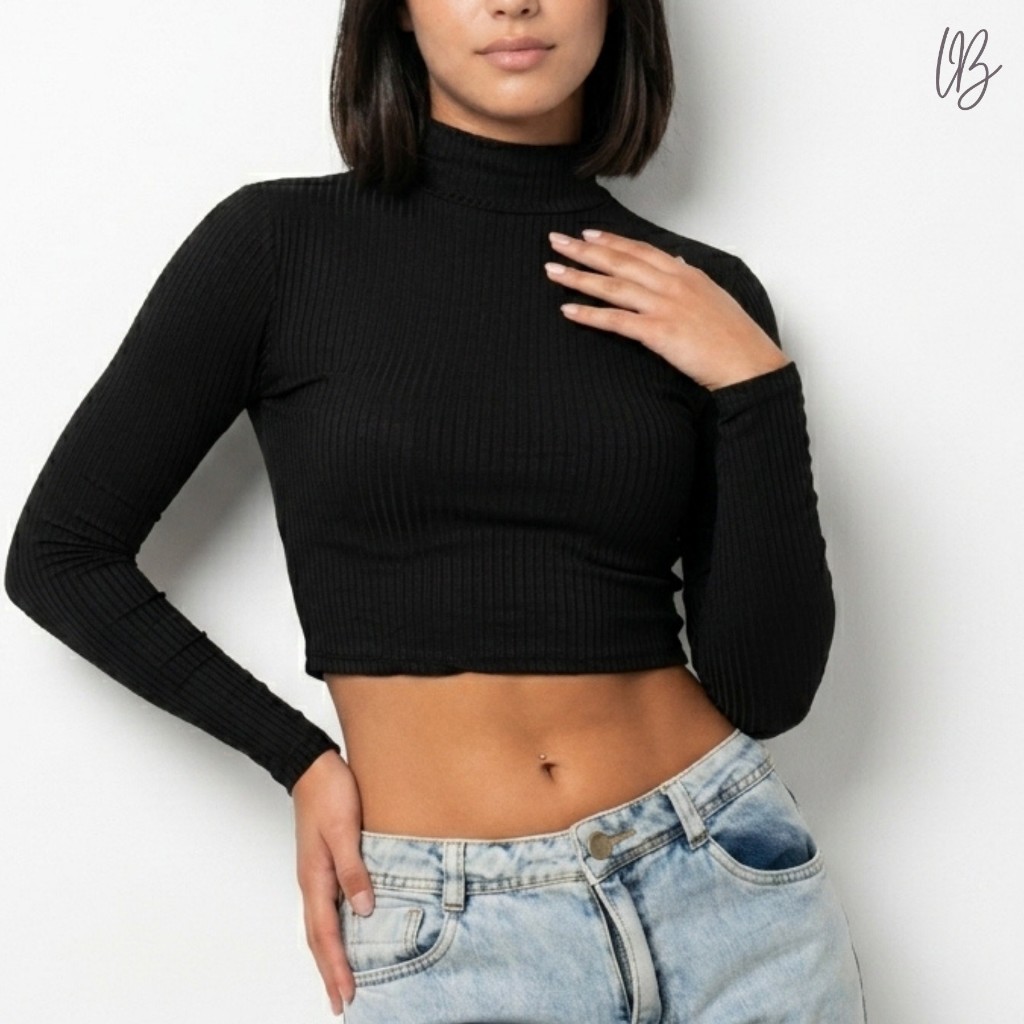 Cropped Gola Alta Manga Longa Feminino Canelado Cacharrel Moda Inverno