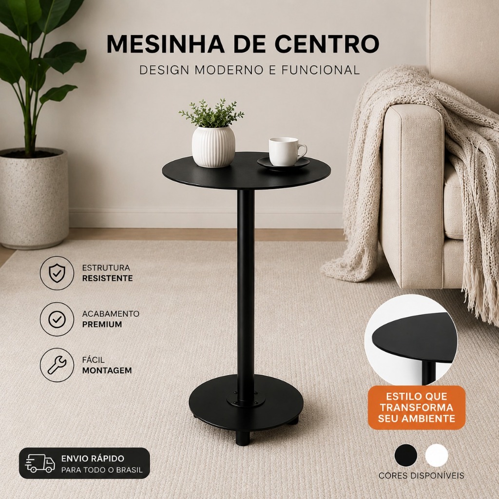 Mesa de centro mesinha de centro ou de apoio de ferro area externa ou interna resistente a umidade redonda preto
