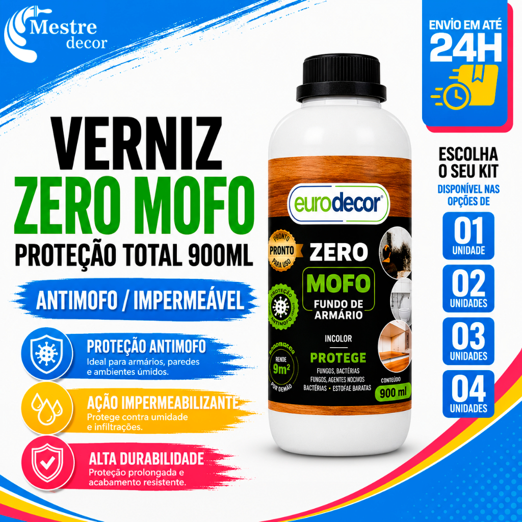 Kit Verniz Zero Mofo Eurodecor 900ml Antimofo Impermeável Parede Armário Banheiro Proteção Total