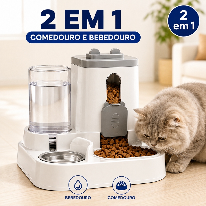 Comedouro E Bebedouro Automático 2 Em 1 Elevado Com Reservatório Para Cães E Gatos 2200ml + 800ml