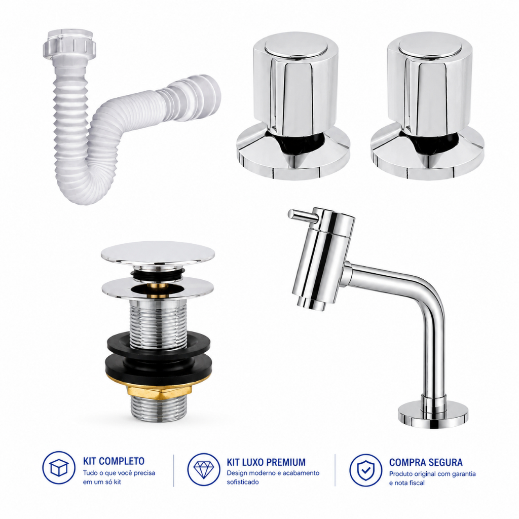 Kit Torneira Cuba Link Banheiro Lavabo Metal + Válvula Click Metal+ Sifão Universal + 2 Acabamento Registro C-40