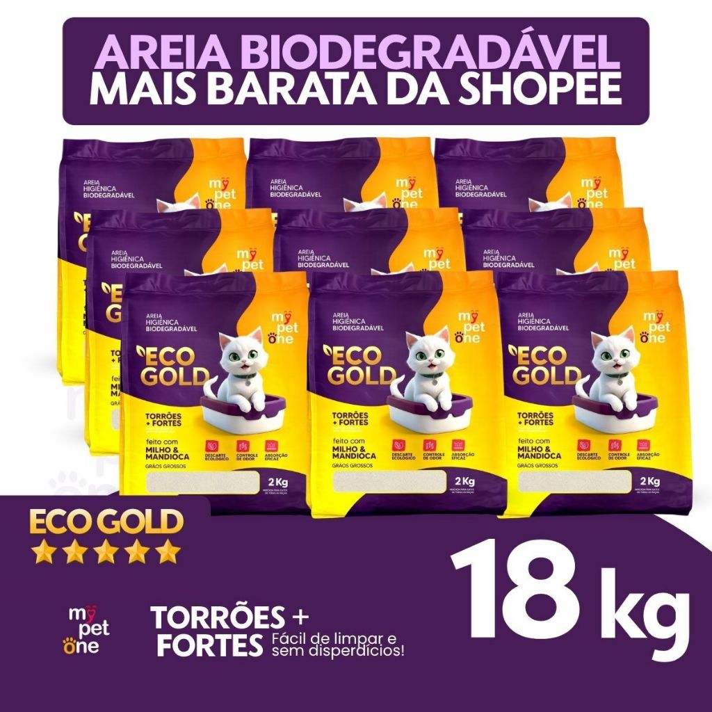Kit 9 Areia Biodegradável Milho e Mandioca para Gatos Cat Bio Eco Gold Grãos Grossos MyPetOne - 18kg