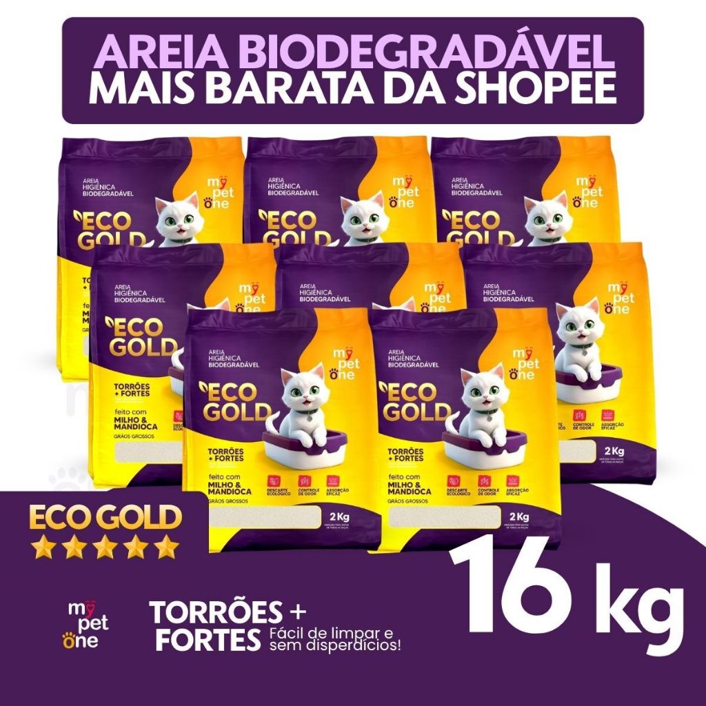 Kit 8 Areia Biodegradável Gatos Bio Gold Grossa MyPetOne 16kg