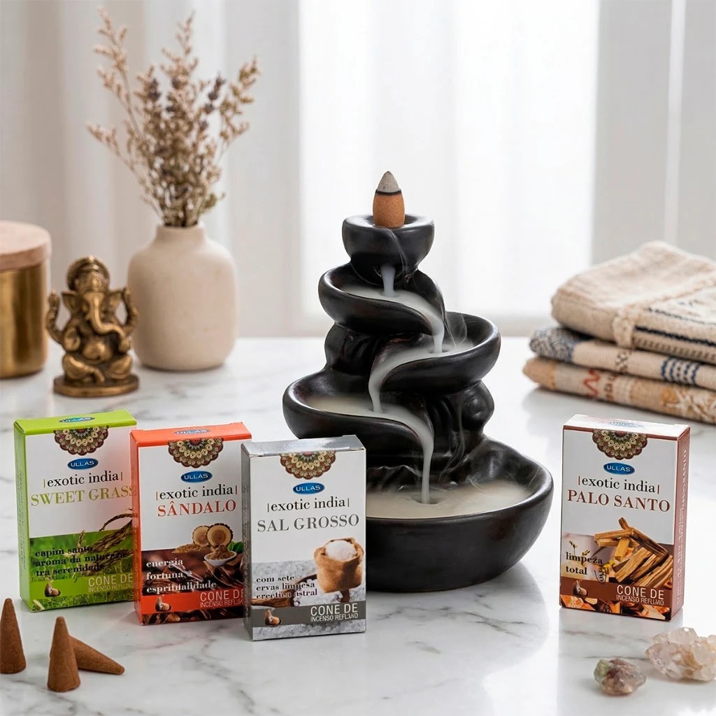 Kit com 12 CX Incensos Cascata Indiano Premium Black Flow  - 3 Palo Santo, 3 Sal Grosso, 3 Sweet Grass, 3 Sândalo
