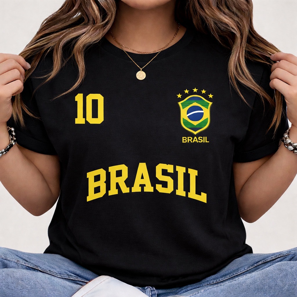 Camiseta Copa Do Mundo Camisa Feminina Preta Blusa 100% Algodão Streetwear Brasil Bandeira Futebol