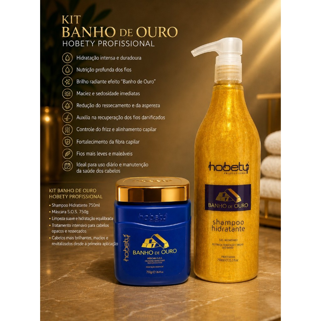 Kit Banho De Ouro Hobety Shampoo 750ml + Mascara 750g