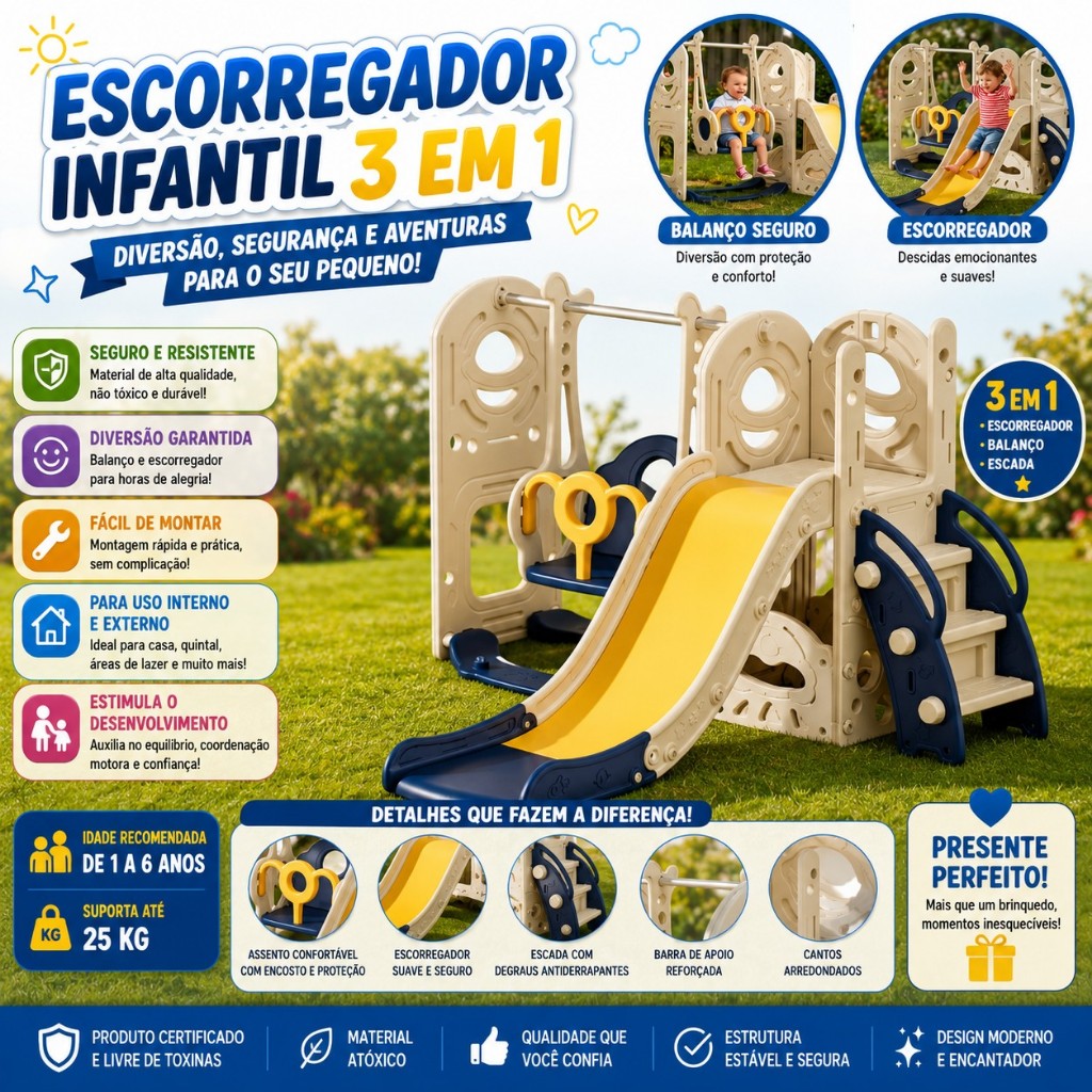 Playground 3 em 1 Infantil Azul com Escorregador, Balanço e Cesta de Basquete Importway Diversão Garantida
