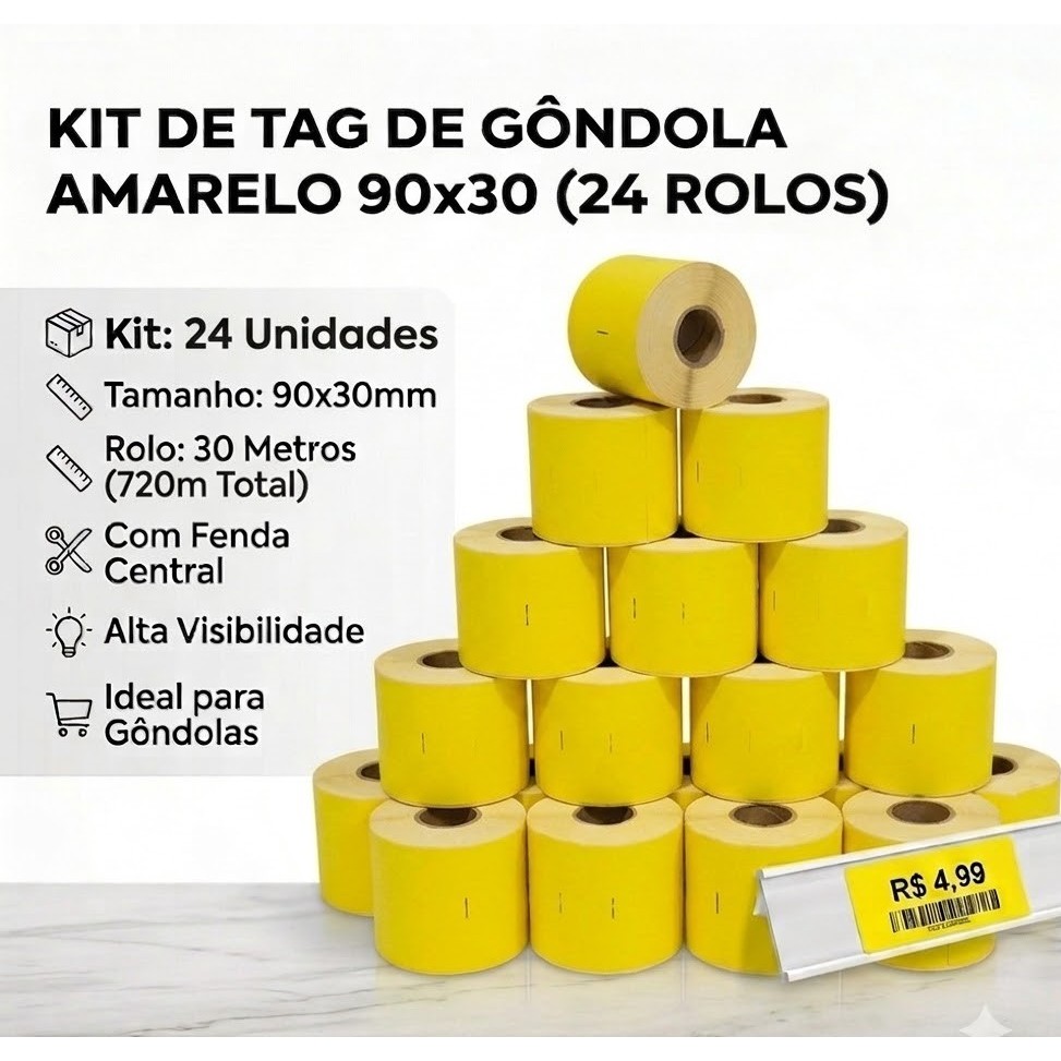 Kit 24 Tag de Gôndola Amarelo 90x30x30mts