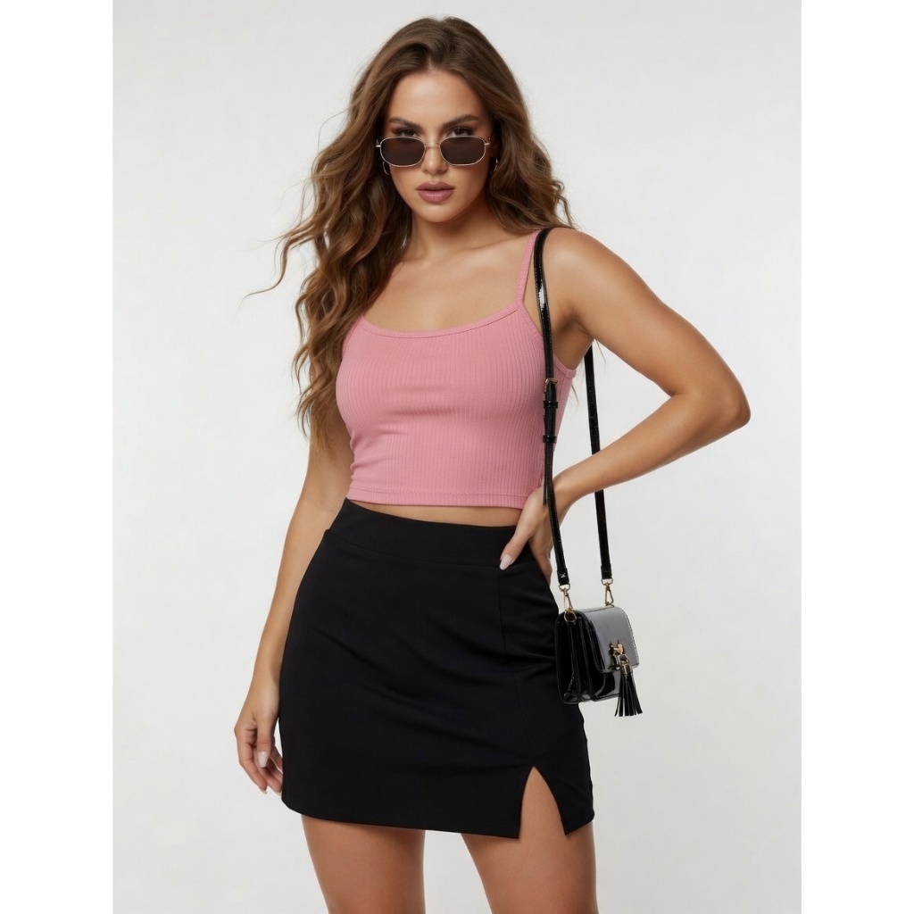 Conjunto SAIA Curta  Suplex + CROPPED Canelada de Alcinha – Moda Feminino Casual Elegante (P M G)