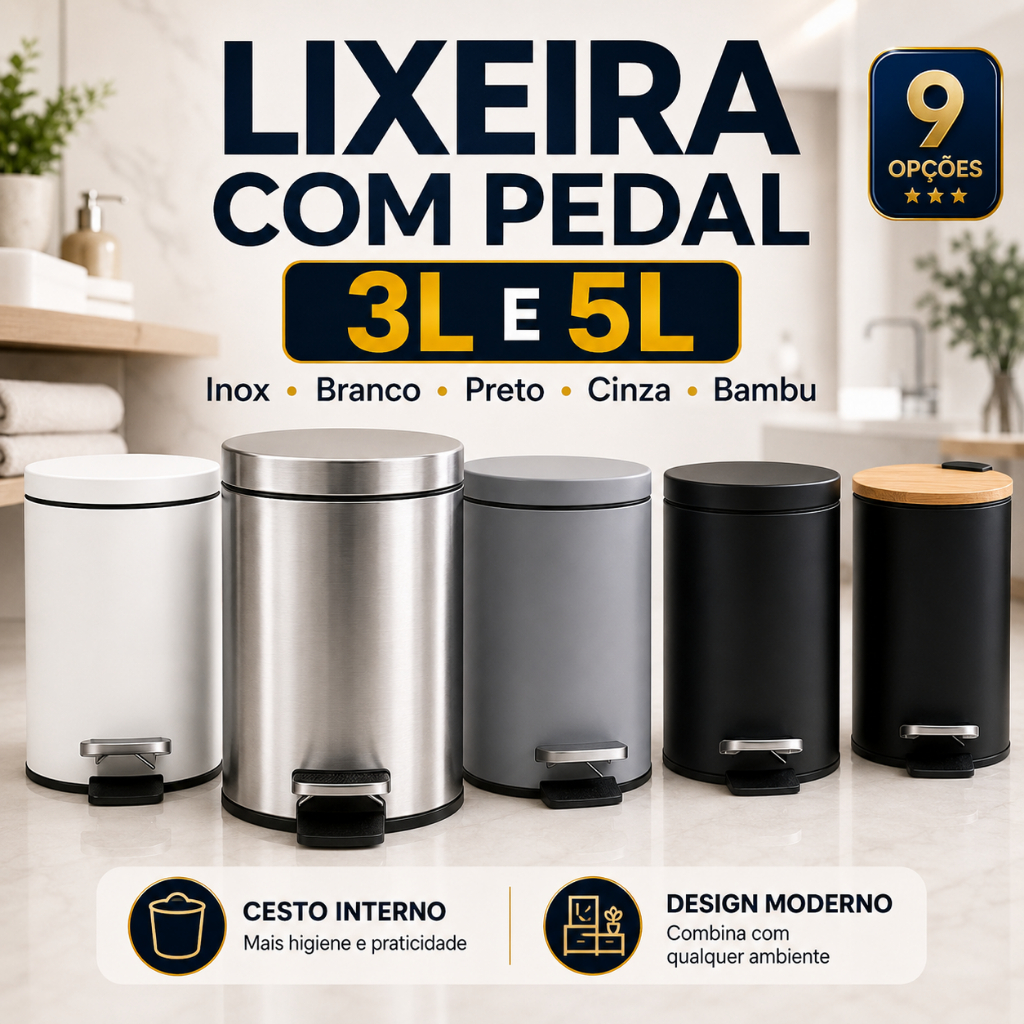 Lixeira Com Pedal Multiuso 3L 5L Inox Preto Branco Cinza Banheiro Lavabo Escritório