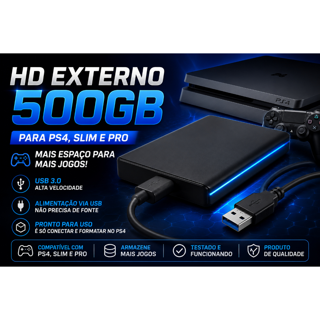 HD Externo 500GB para PS4 FAT Slim Pro USB 3.0 | Expansão de Armazenamento