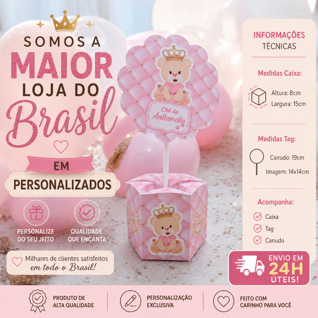10 Unidades Centro de mesa Festa Chá Ursinha Rosa