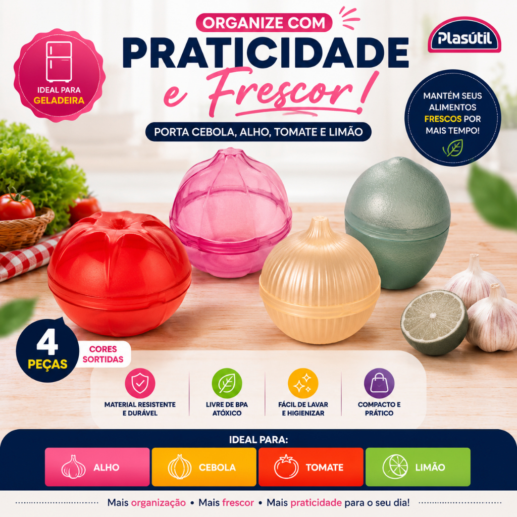 Porta Cebola, Alho, Tomate e Limão Organização Geladeira Temperos