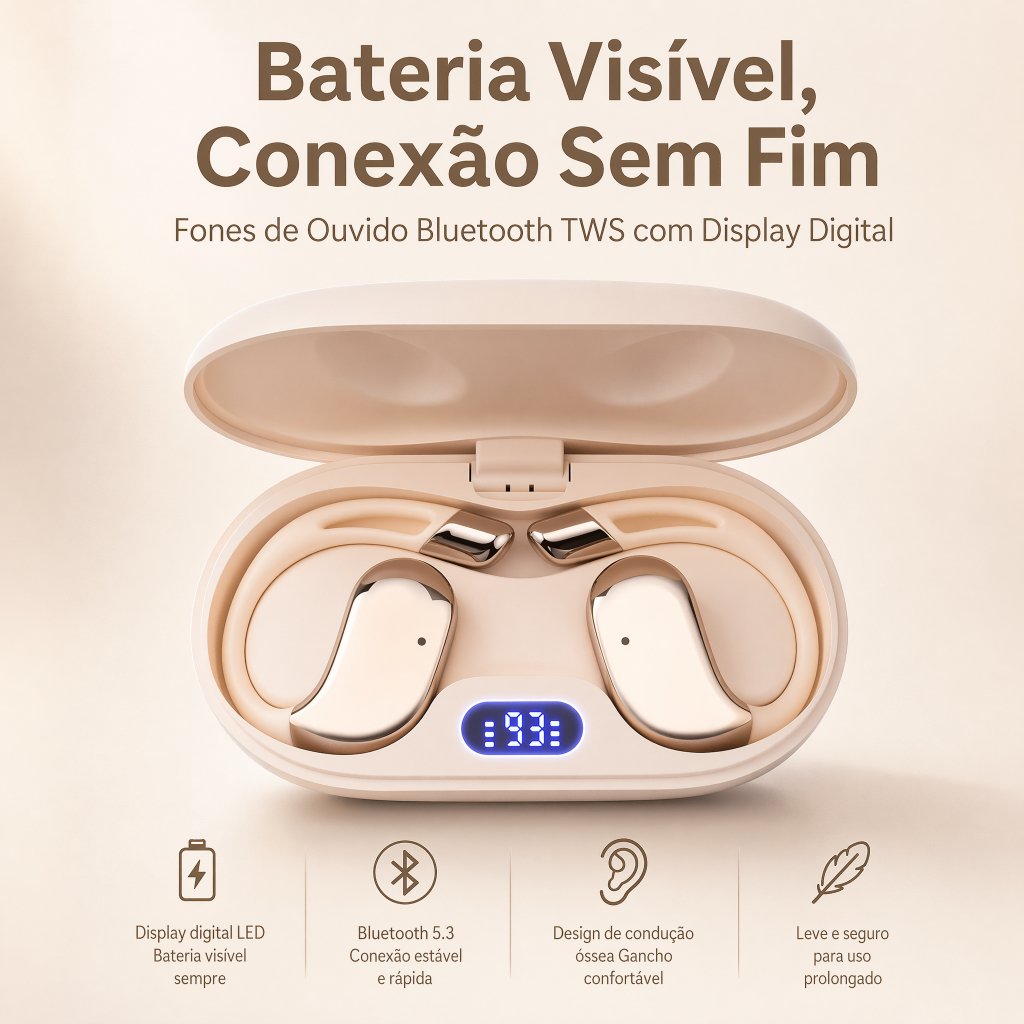 Fone Bluetooth Open Ear Sem Fio Bluetooth 6.0 Touch Display LED Estojo USB-C Esportivo Confortável