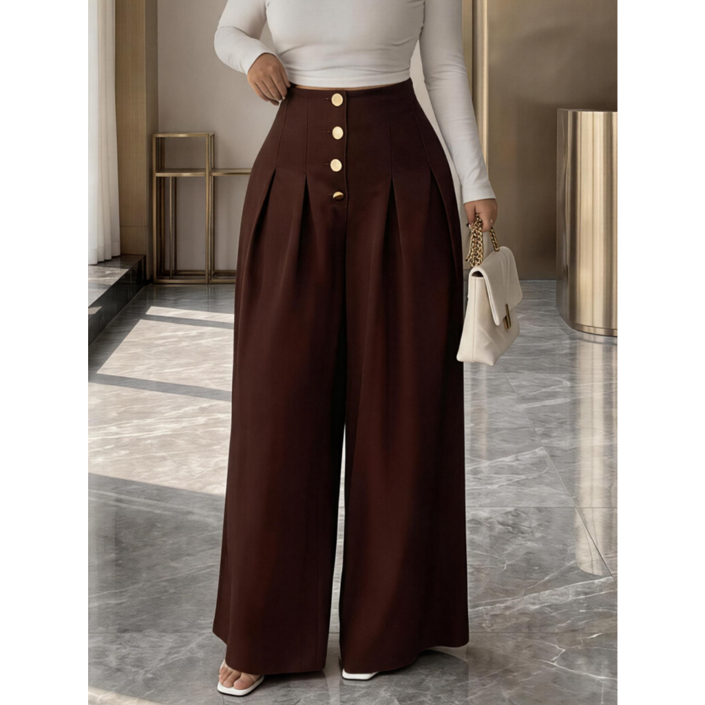 Calça Pantalona Feminina Solta, De Cor Sólida, Com Botões Na Frente E Pregas GG G1 G2