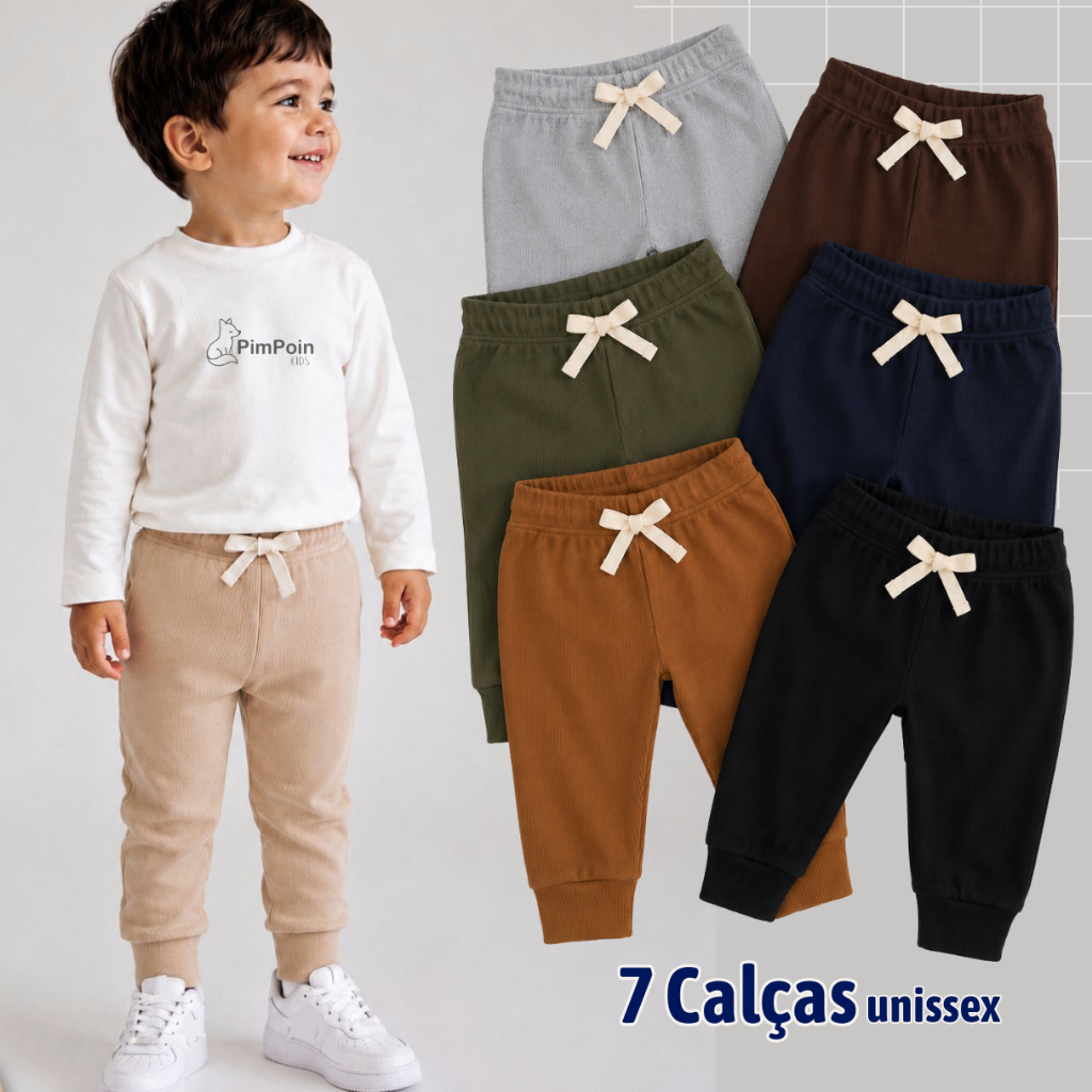 Kit 7 Calças Jogger Infantil Unissex  Canelada Algodão com Elastano P Bebê ao 3 anos menino menina