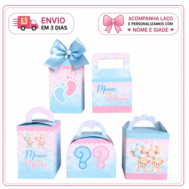 Kit Festa Chá Revelação Ursinhos Pegue e Monte 15 a 50 Caixas Personalizadas