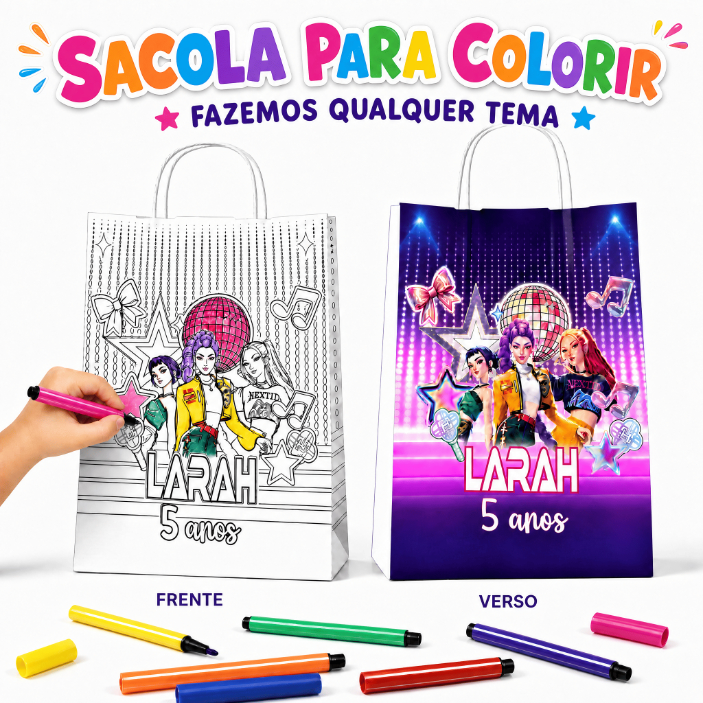 Sacola de papel para colorir Lembrancinhas Personalizada Festa Aniversário Guerreiras Kpop