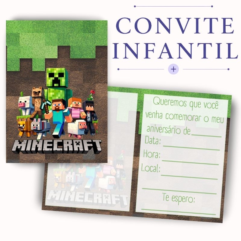 Convite Minecraft Infantil | Convite de Aniversário Tema Minecraft | Kits 20, 50 e 100 Unidades