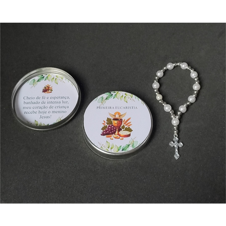 Lembrancinha Kit 10 Latinhas com Mini Terço Primeira Comunhão Eucaristia (sem personalização)