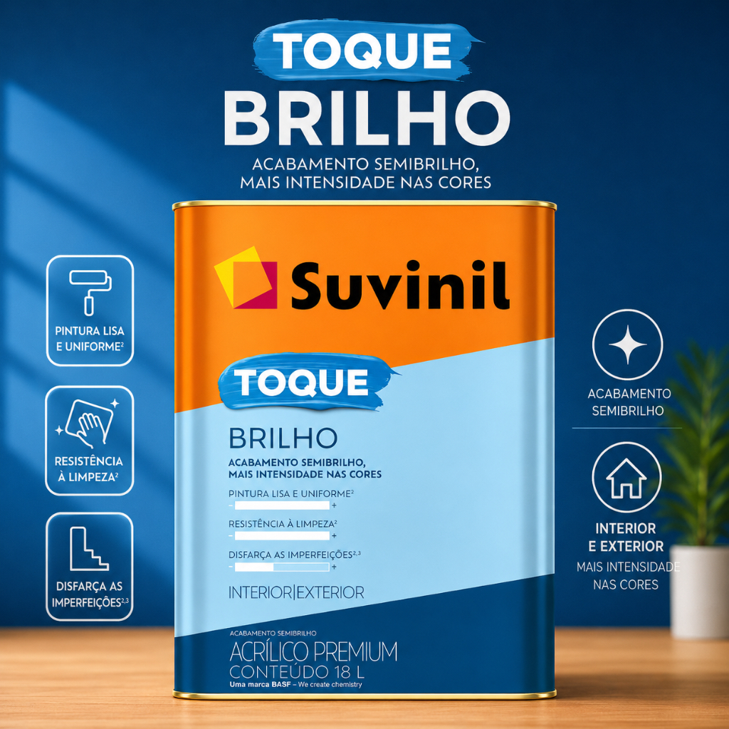 Suvinil Toque Brilho Tinta Acrílica 18L/16L Brilhante Alta Cobertura Uso Interno e Externo