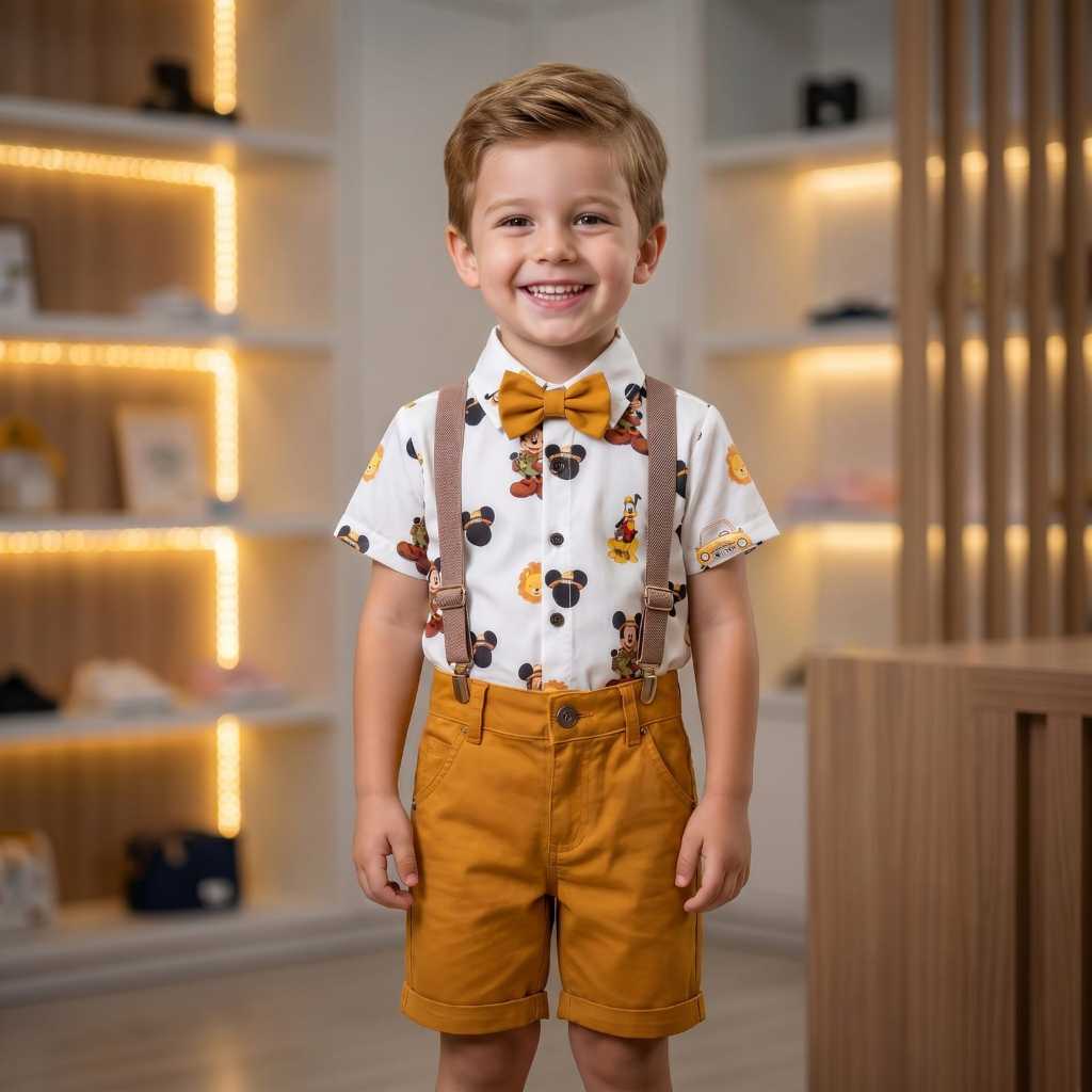 Conjunto Menino Infantil Luxo Temático Mickey Safari +Bermuda Caramelo