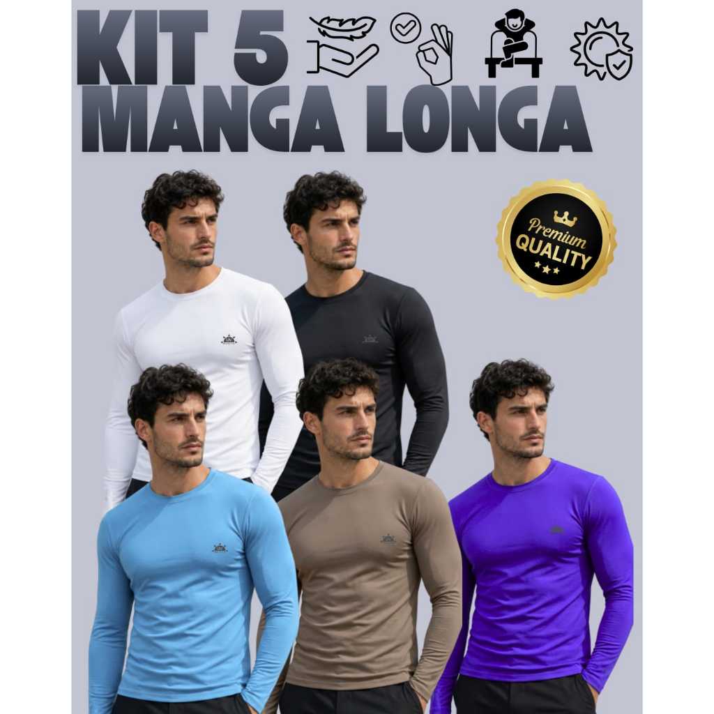 Kit 5 Manga Longa Camiseta Poliester+Poliamida Proteção UV50+ Térmica Treino Segunda Pele