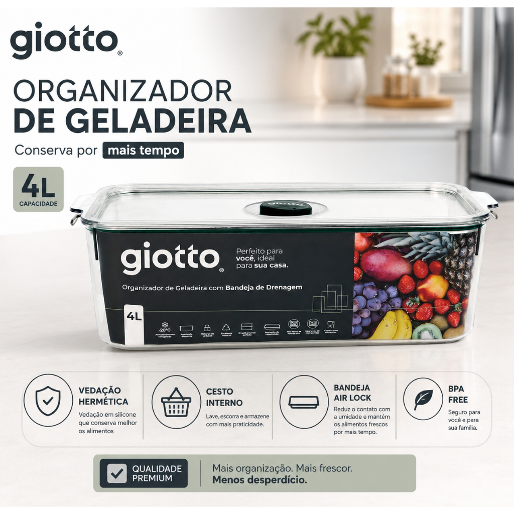Pote 4 Litros Hermético vedação Silicone Organizador Geladeira com bandeja de Drenagem Giotto