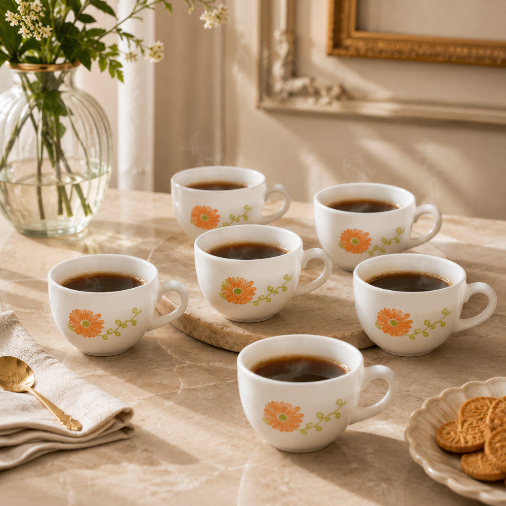 Xícara de Vidro Livid Lilac 130ml Kit 6 Peças Branca Floral Decorada Café Chá Cappuccino Chocolate Quente