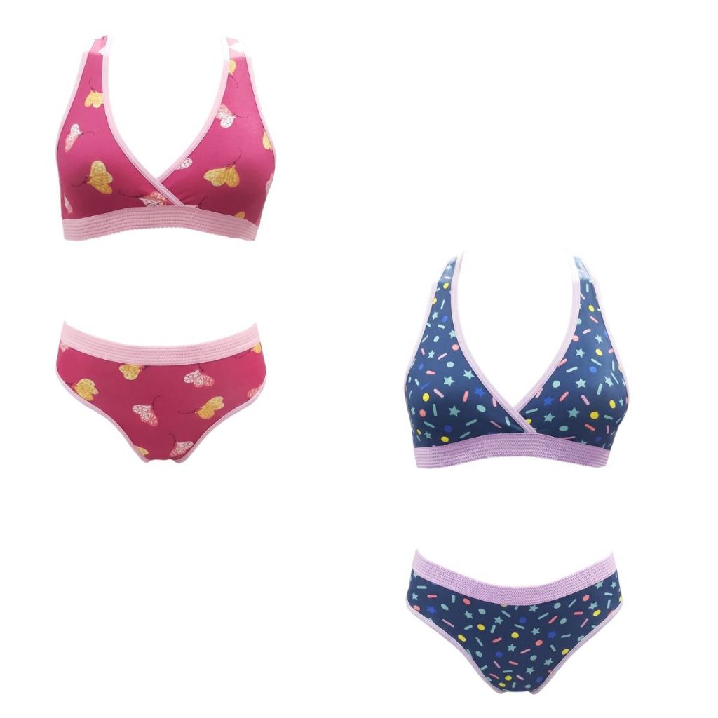 Kit 2 Conjuntos Calcinha Estampado Top Infantil Poliéster Menina Moça Confortável Básico