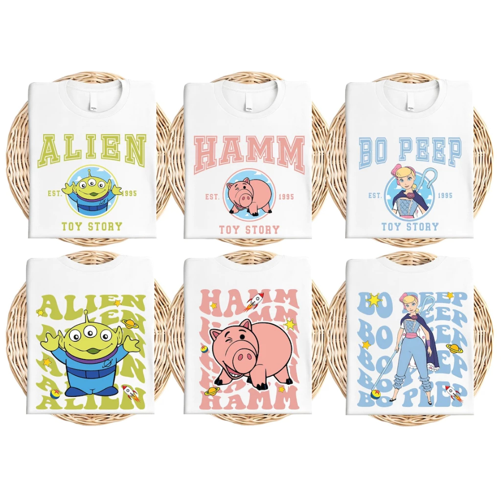 Camiseta Toy Story Personagens "Alien Hamm Bo Peep Mr e Mrs Potato e Forky" Infantil/Adulto Algodão