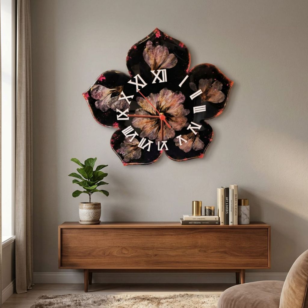 Relógio de parede, artesanal, relógio em resina, decoração floral, flores naturais, relógio personalizado, decoração.