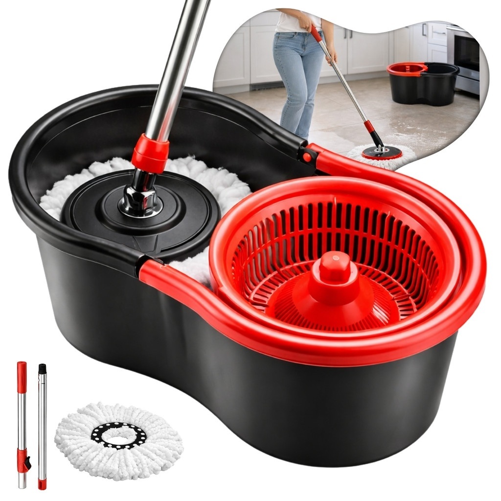 Mop Giratório Plástico 360° com Refil Incluso ou Avulso Balde 8 Litros e Cesto Cabo de 120 cm