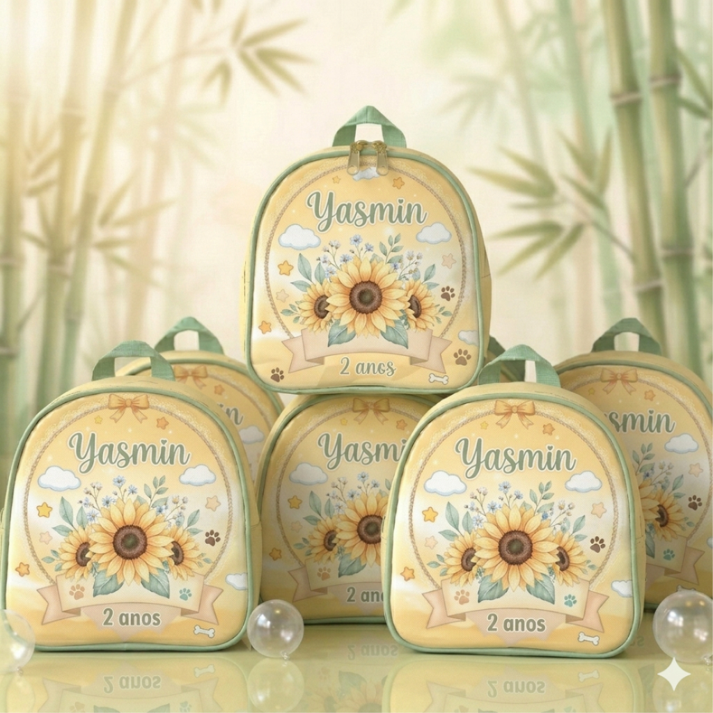10 Bolsinhas mochilinhas personalizadas girassol, vários temas, lembrancinhas para aniversário, brindes e eventos