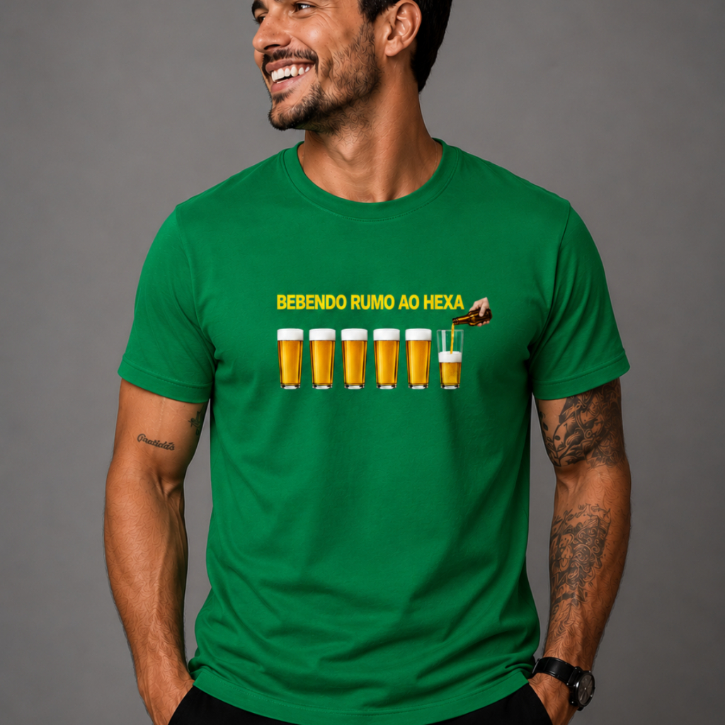 Camiseta Bebendo Rumo Ao Hexa Copa 2026 Masculina Estampa Divertida Brasil Torcedor