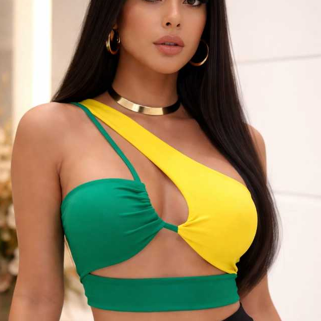 Top Cropped Brasil Feminino Assimétrico Verde e Amarelo Poliéster Brasil Core Moda Praia e Festival