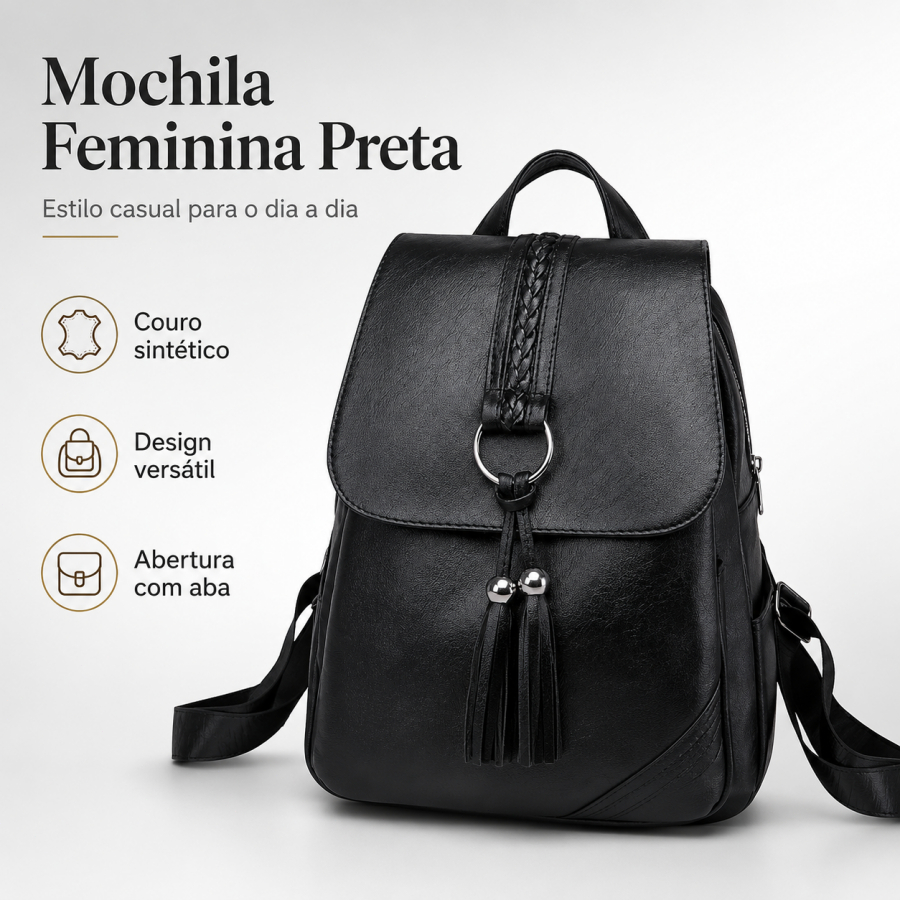 Mochila Feminina Escolar Casual Preta Couro Sintético Cabe iPad Trabalho Faculdade Viagem