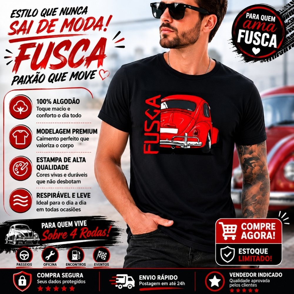 Camiseta Fusca Carro Clássico Masculina 100% Algodão Estampa Automotiva Vintage Retrô Casual Premium