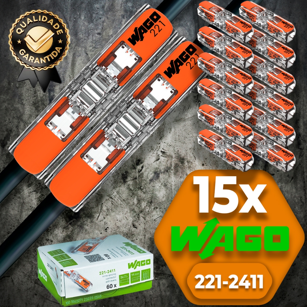 Conector de Fio Elétrico Wago Conector Wago 221-2411 Emenda 4mm² conexão automática Kit 15 peças