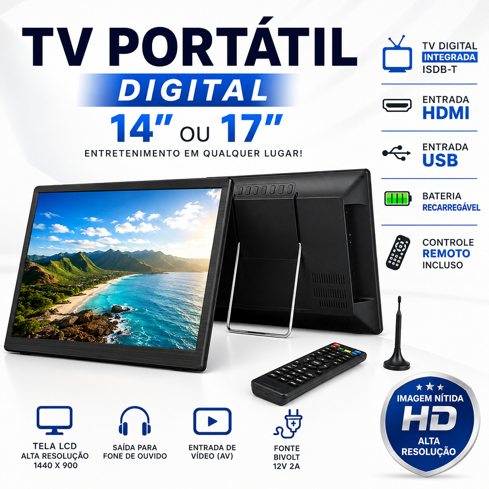 TV Monitor Portátil 14 ou 17 Pol Digital ISDB-T HDMI USB Controle Remoto Antena HD Bateria Recarregável LCD