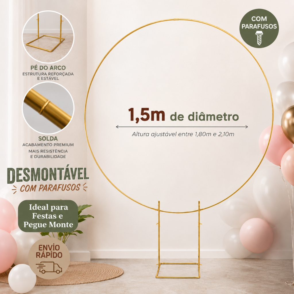 Estrutura Painel Arco Redondo Suporte Desmontável de Aço 1,5m Para Decoração Festas Pegue Monte