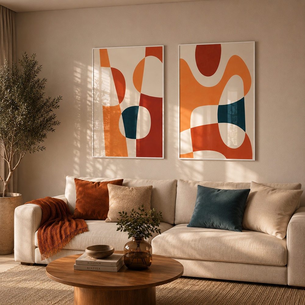 Quadro Decorativo Duplo - Harmonia de Formas Orgânicas e Geométricas