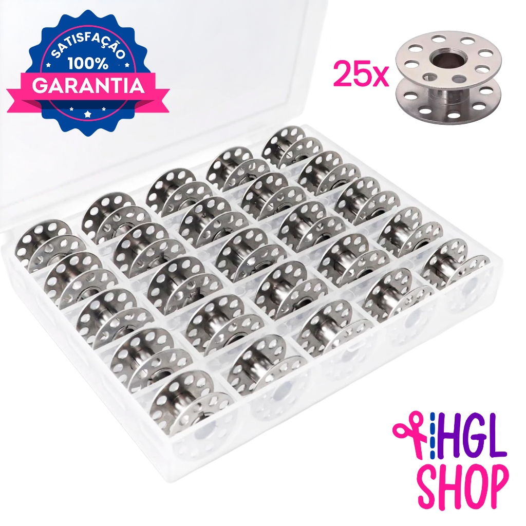 Kit Estojo com 25 Bobinas Canelinhas Metal Furadinha Alta para Máquina de Costura Reta Industrial