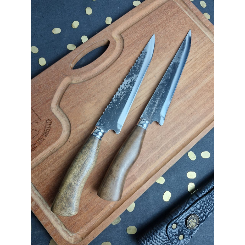 Faca Artesanal Churrasco Aço Carbono Lisa 9 Polegadas Cabo Madeira Nobre + Bainha de Couro