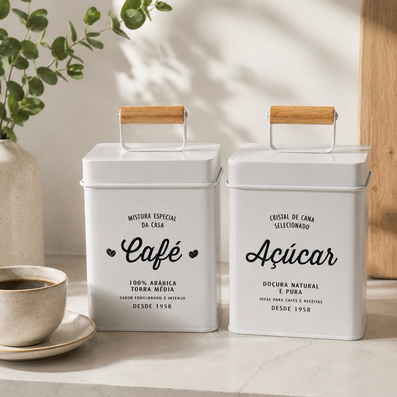 Conj Latas Fofas Porta Café e Açúcar Branca com Tampa 1,2L