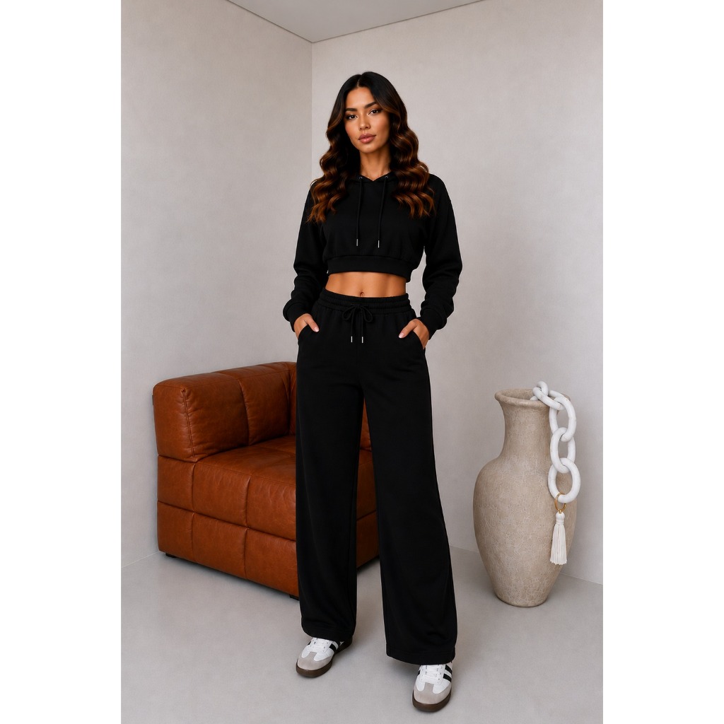 Conjunto Moletom Feminino Flanelado Quentinho Cropped Capuz Calça Pantalona